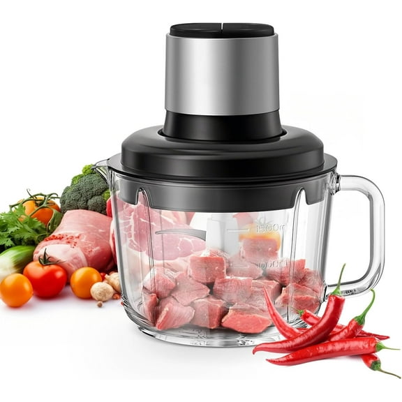 Food Processor, Electric Food Chopper with  Handheld Glass Bowls, No-Hole Stainless Steel Power Motor Grinder for Meat