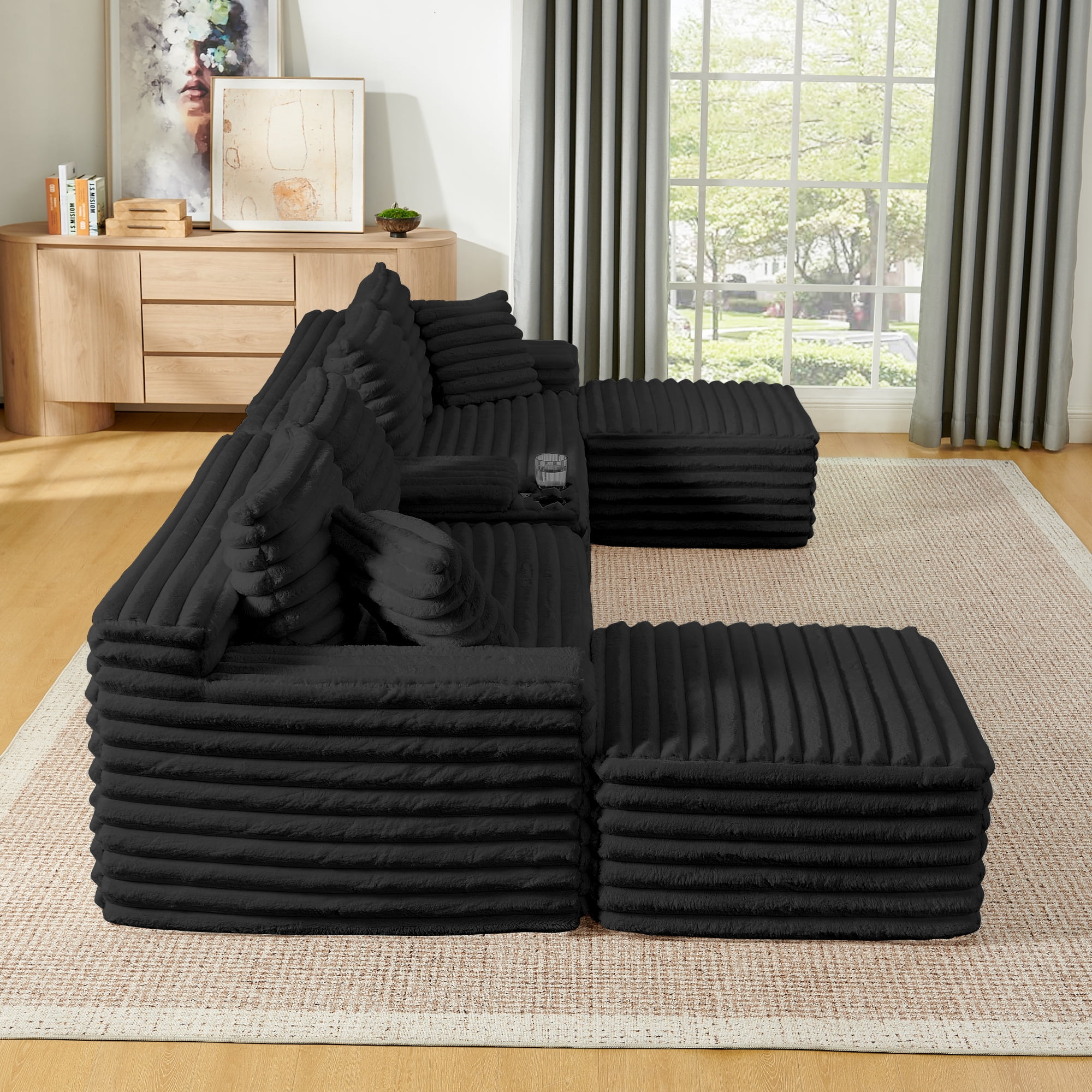 BSHTI 127" Corduroy U Shape Sectional Sofa with Console, Cup Holders, USB Port, 2 Ottomans for Living Room（Black）
