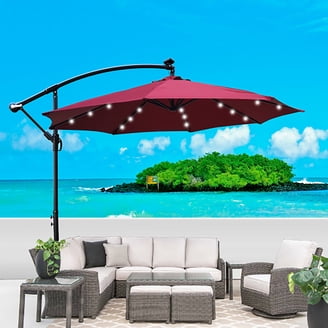 abba patio 11 feet offset cantilever umbrella with solar lights 11x11 ft Aluminum Double Top it lets you enjoy cool summer shade while extending your patio enjoyment into the evening with integrated lighting Abba Patio Compact Base for