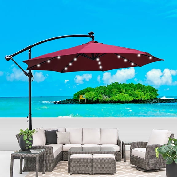 10 ft Outdoor Patio Offset Cantilever Umbrella with Solar Lights & Cross Base for Garden Deck Backyard Swimming Pool,Adjustable Tilt