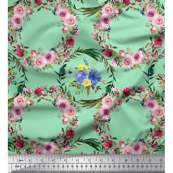 Soimoi Green Poly Georgette Fabric Floral Wreath Flower Print Fabric by The Yard 52 Inch Wide