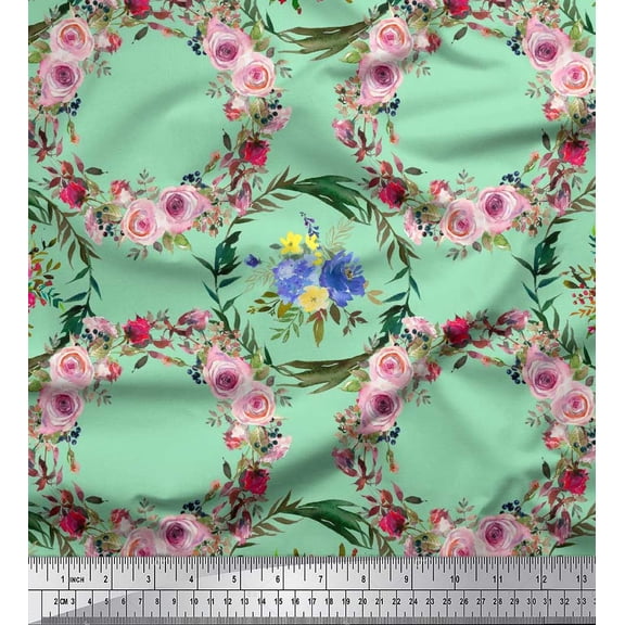 Soimoi Green Silk Fabric Floral Wreath Flower Printed Fabric 1 Yard 42 Inch Wide