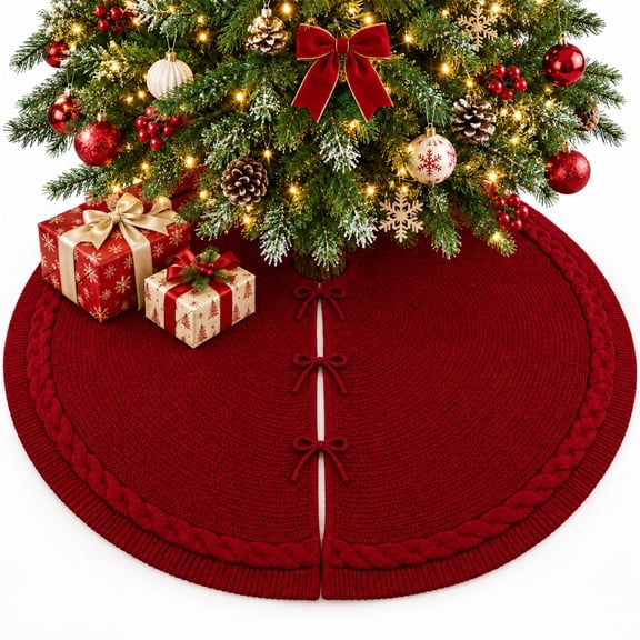 48 inches Red Knitted Christmas Tree Skirt Large Xmas Tree Skirts Thick Rustic Farmhouse Christmas Tree Skirt Decorations for Xmas Holiday Home Party Christmas Decor