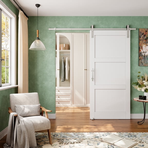 36" x 80" 3-Lite White Primed Solid Core Wood Sliding Barn Door With Nickel-Plated Installation Hardware Kit(No Assembly Required)