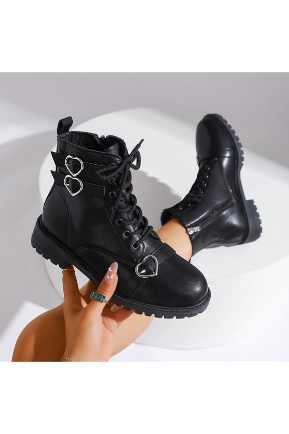 Ankle Boots Chunky Heel Lace-Up Side Zipper Solid Color Casual Footwear for Women with Heart Detail and Thick Bottoms