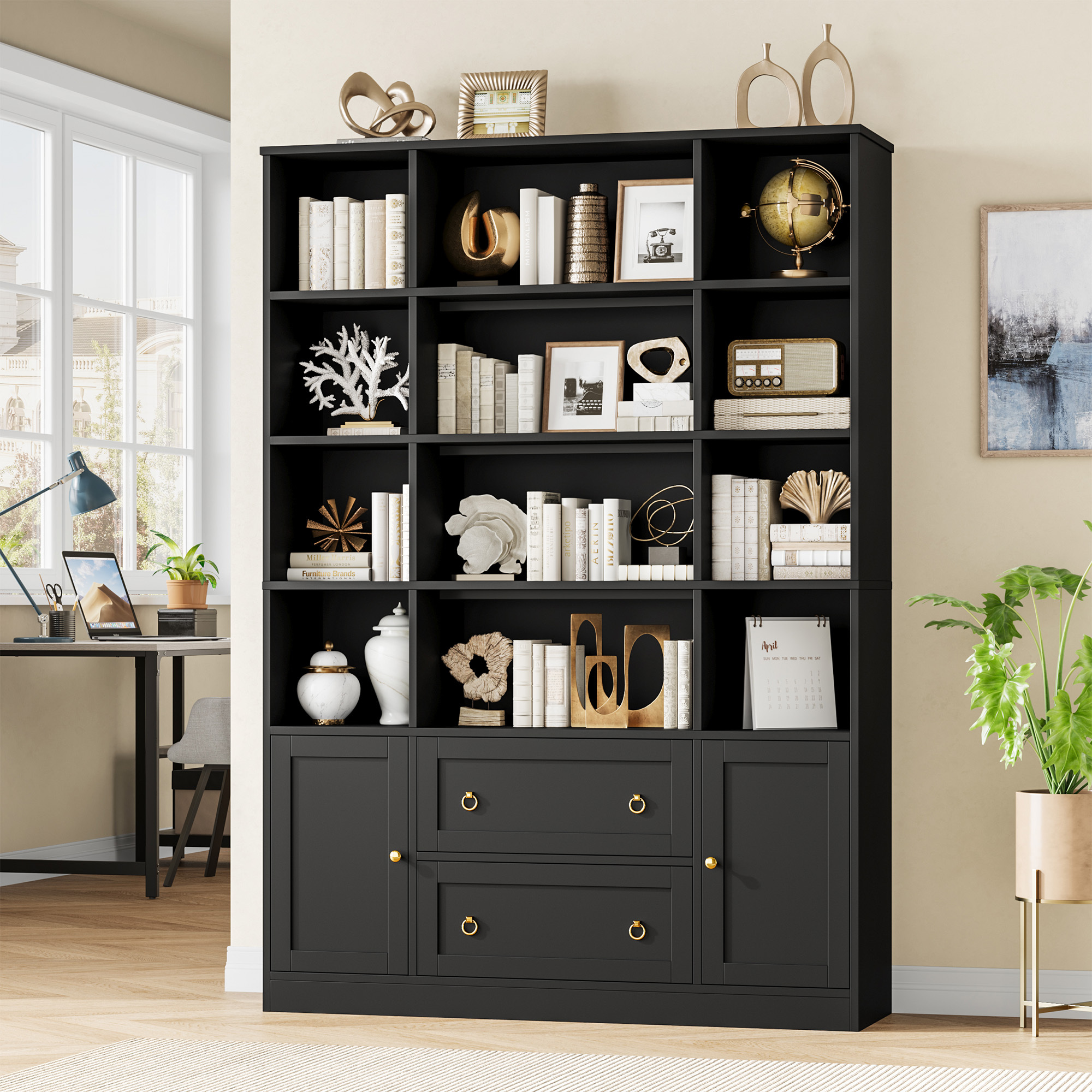 Homfa 71″ Tall Bookcases with Storage Drawers & Doors, 12 Cubes 4-Tier Triple Row Bookshelf, Black Bookcase for Living Room Home Office