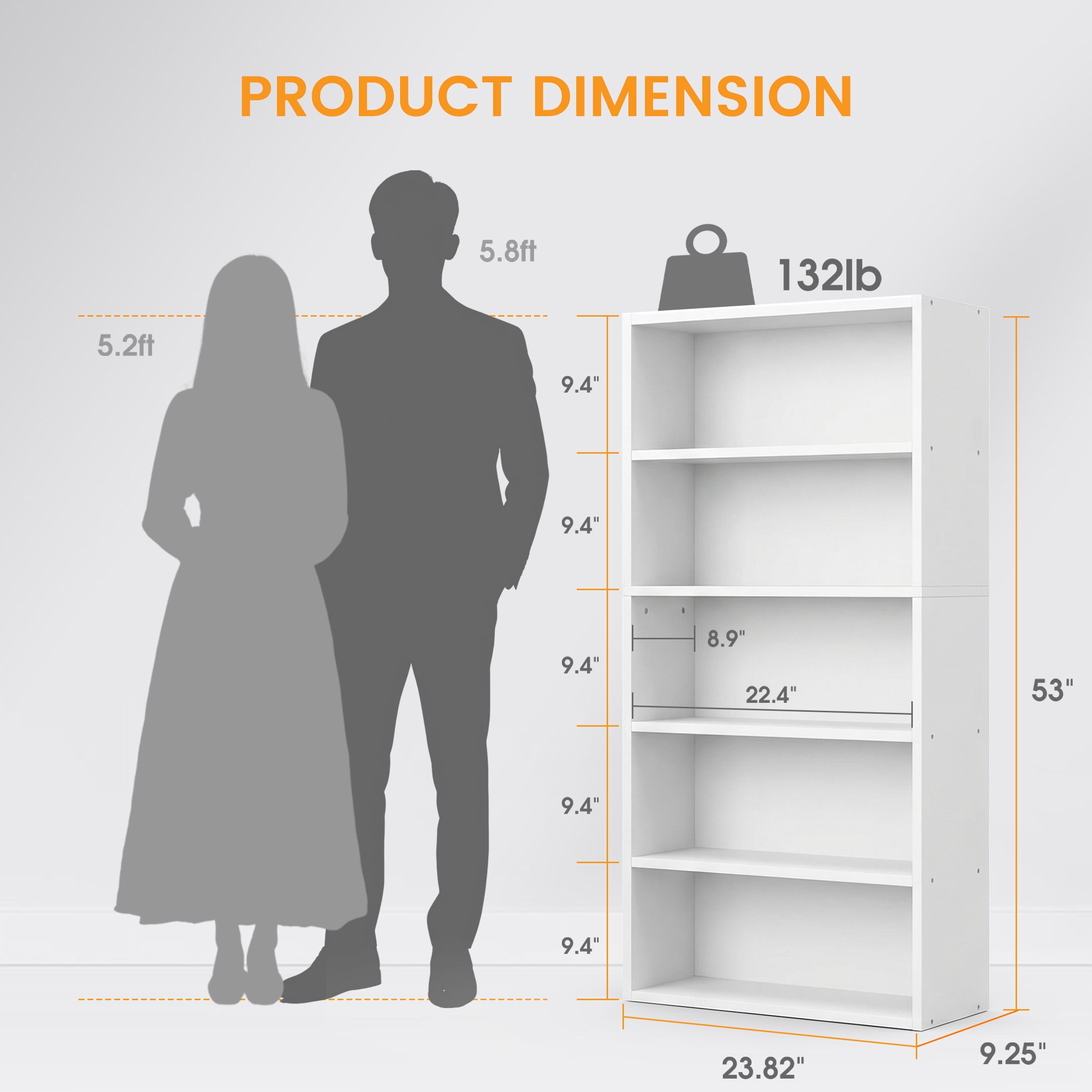 CONCETTA 5 Shelf Bookcase, 53 Inch Tall Floor Standing Open Bookshelf for Home Office and Living Room, White