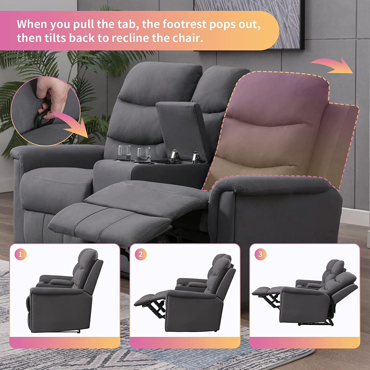 Yolsali Loveseat Recliner Sofa Set - 2+1+1 Pieces, PU Leather, Removable Console, Double Layer Cushion, Grey