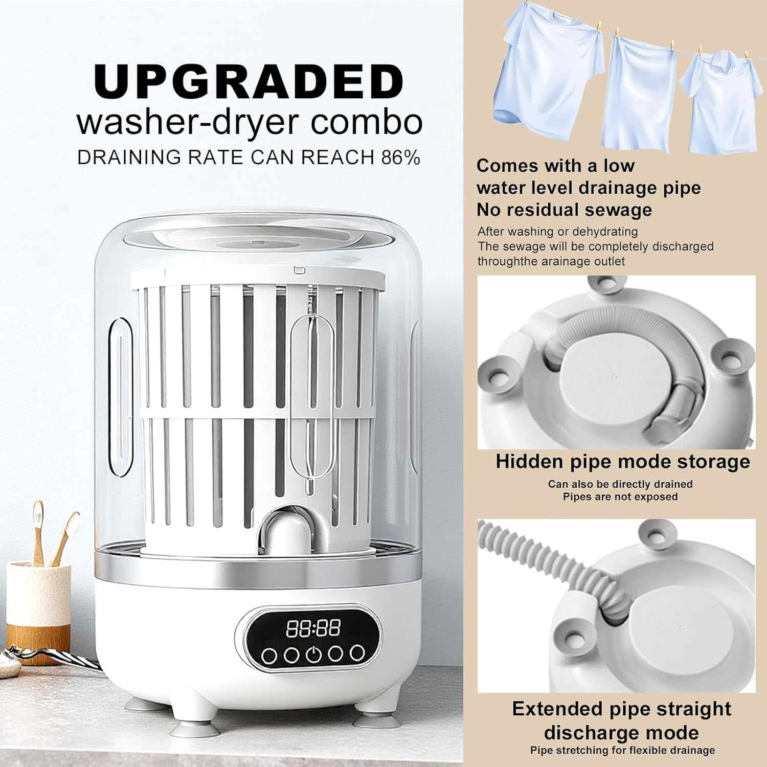 3-in-1 Portable Washing Machine, 3L Cordless Underwear Washing Machine with Spin Basket, 3 Modes 3000mAh Laundry Machine for Apartment, Dorm, RV, Hotel Use,White