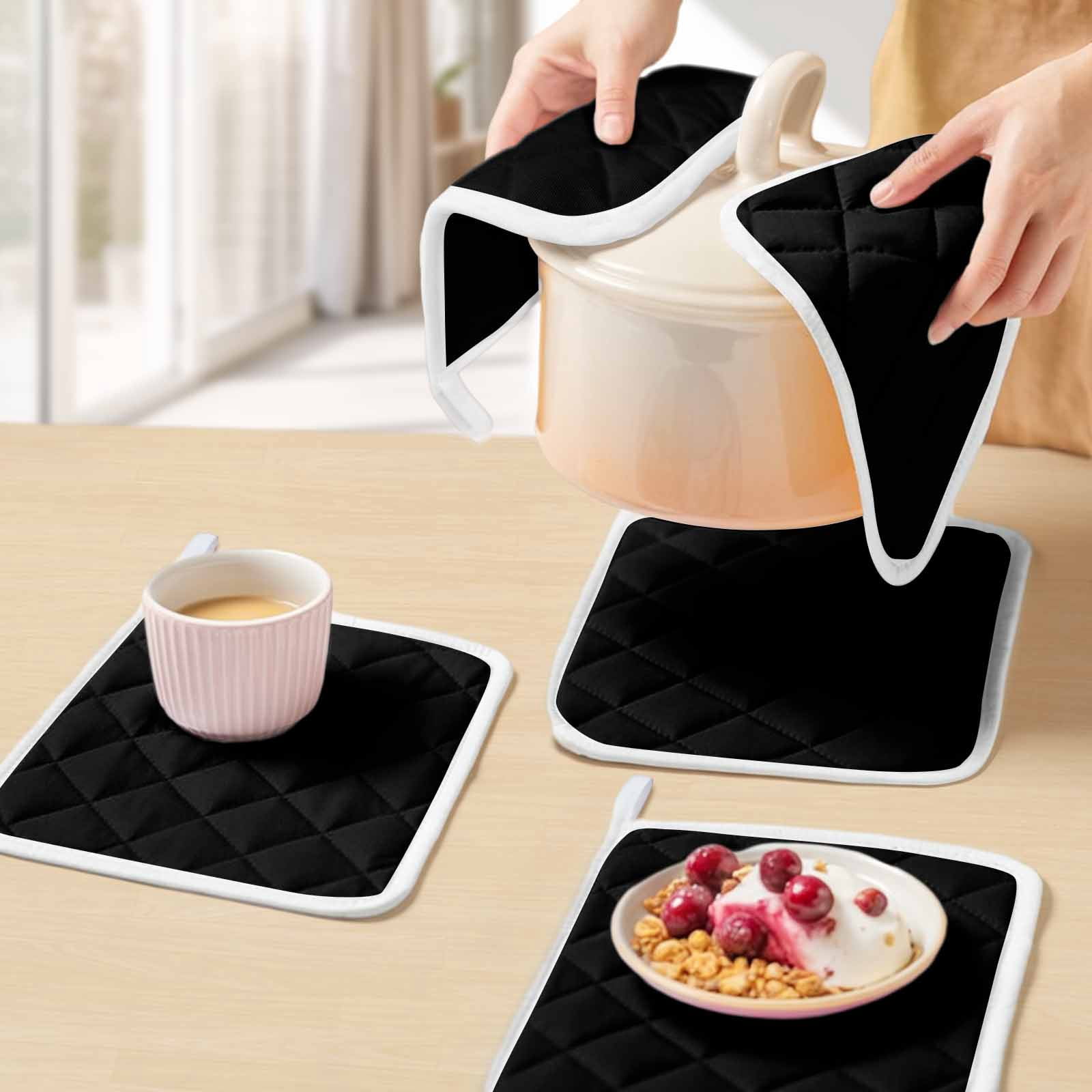 Black Pot Holders for Kitchen Heatproof Potholder, 2 Pack Pure Black Hot Pads Multipurpose Oven Pads Cloth Potholders Trivet for Cooking and Baking