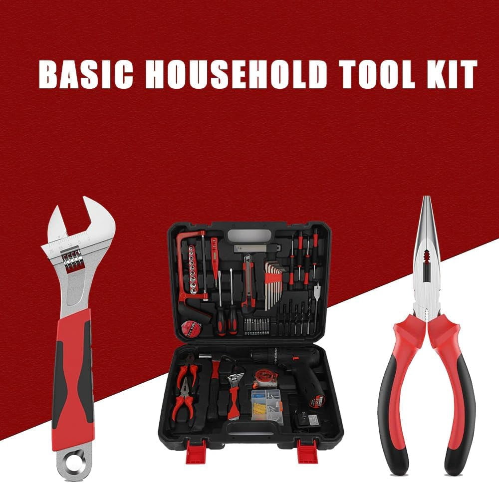Tool set with 18v cordless drill (2 battery), 126 pieces professional home tool combo Kit. Cordless power Drill and Toolbox set for Household, Homeowners, office, garden, house repair and maintenance
