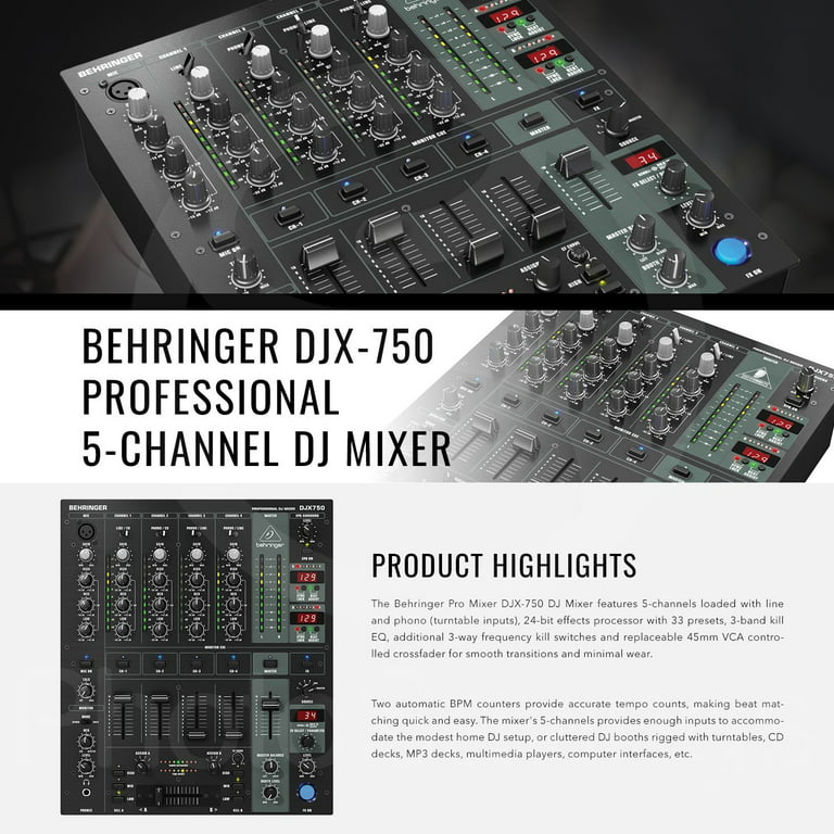 Behringer DJX750 Professional 5-Channel DJ Mixer with Samson Closed-Back  Headphones, Xpix Handheld Microphone, and DJ Accessory Bundle