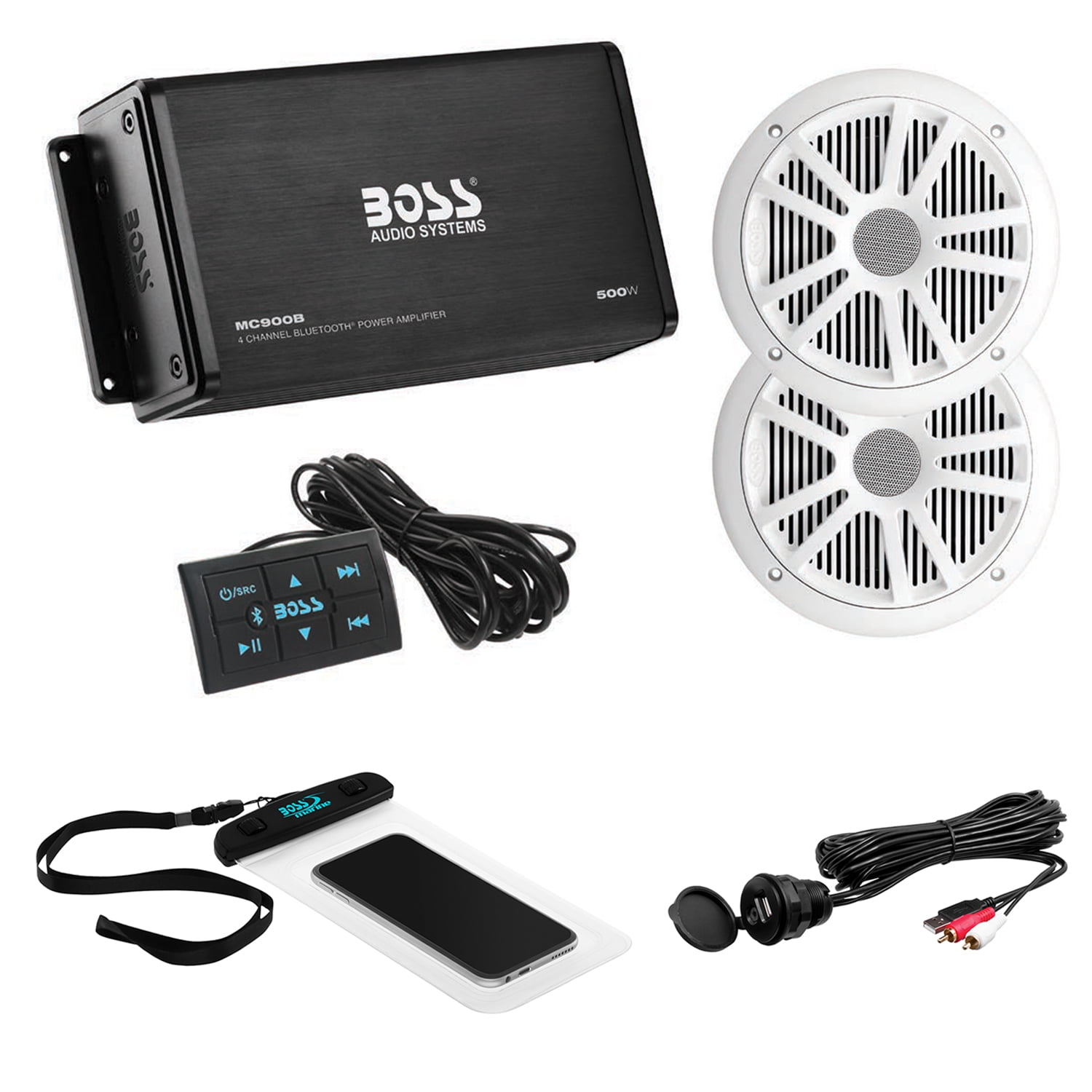 Boss Audio ask902b.6 500 W 4-Channel Bluetooth Amplifier and a 180 W Marine Speakers Pair in Set 