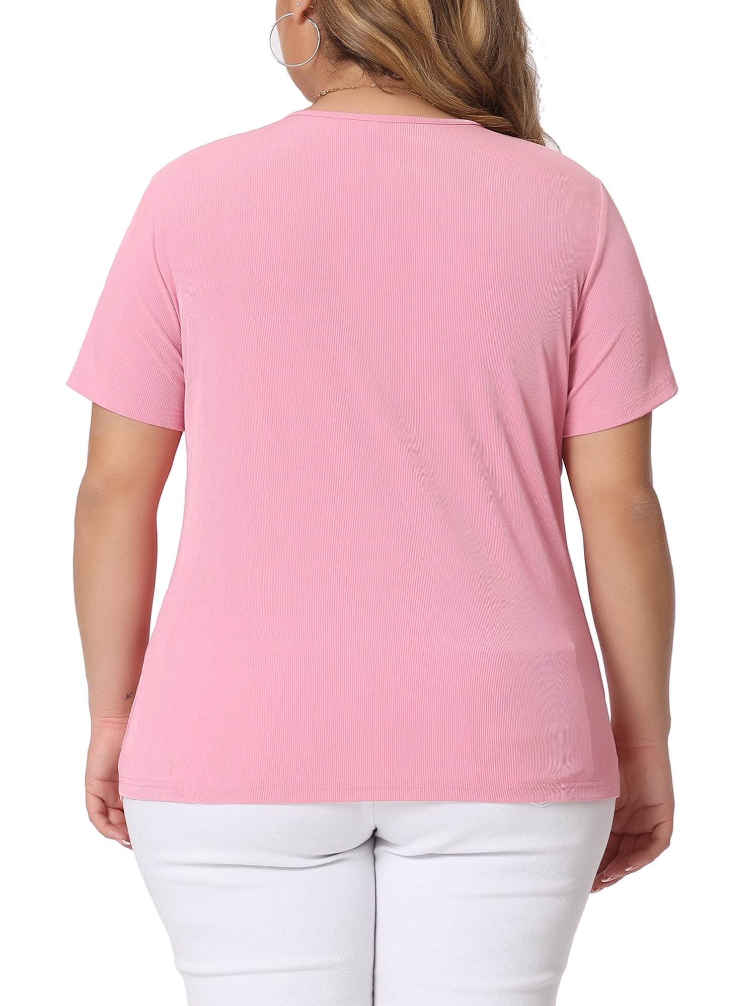 Unique Bargains Women Plus Size Ribbed Knit Cut-Out Twist Short Sleeve Tee Shirt 4X Pink