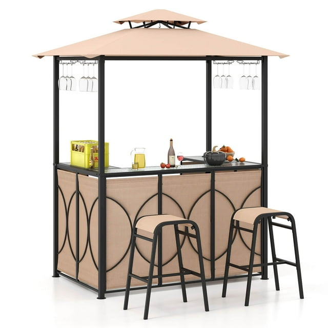 Costway 3 PCS Patio Bar Set with Tempered Glass Bar Table Metal Storage Shelves for Garden Brown