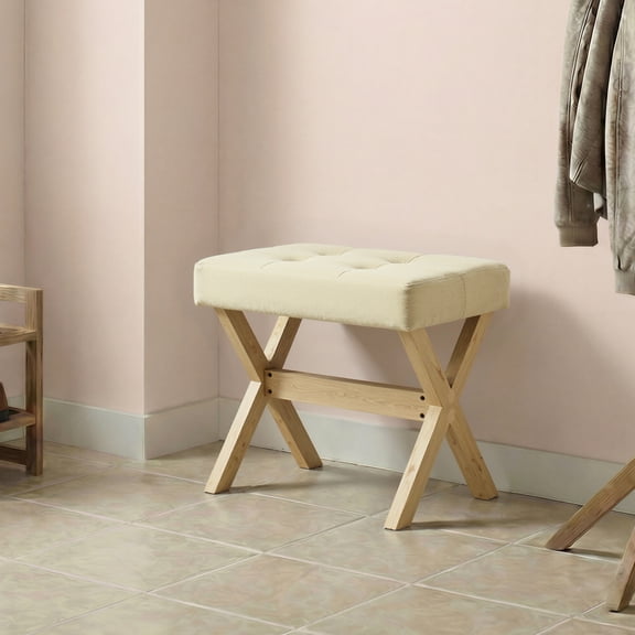 LEDREM Makeup Stool with Solid Wood X-Legs, Padded Vanity Stool, Footrest for Bedroom, Entryway, 16.5 x 18.1 x 12.6 Inches, Summer Sand and Natural Beige