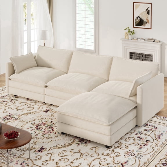 Muumblus Sectional Sofa Cloud Couch with Reversible Ottoman, L-Shaped Chenille Sofa for Living Rooms, Beige