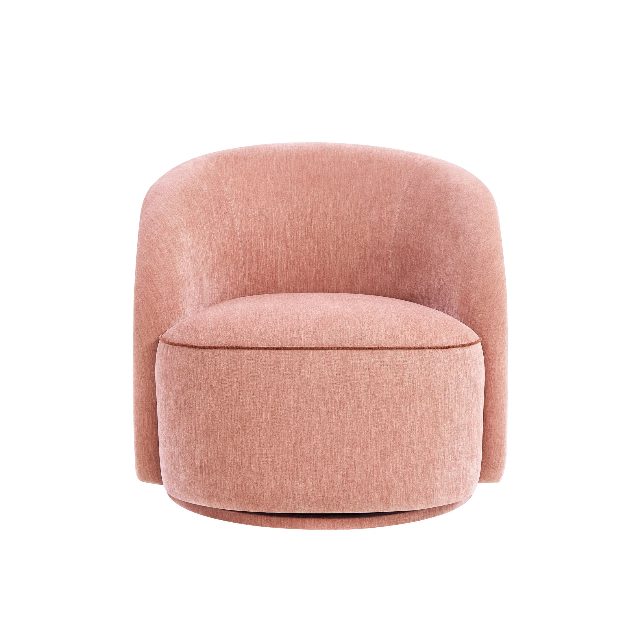 Beautiful Georgiana Swivel Chair by Drew Barrymore, Rose Pink with Faux Leather Rust Piping