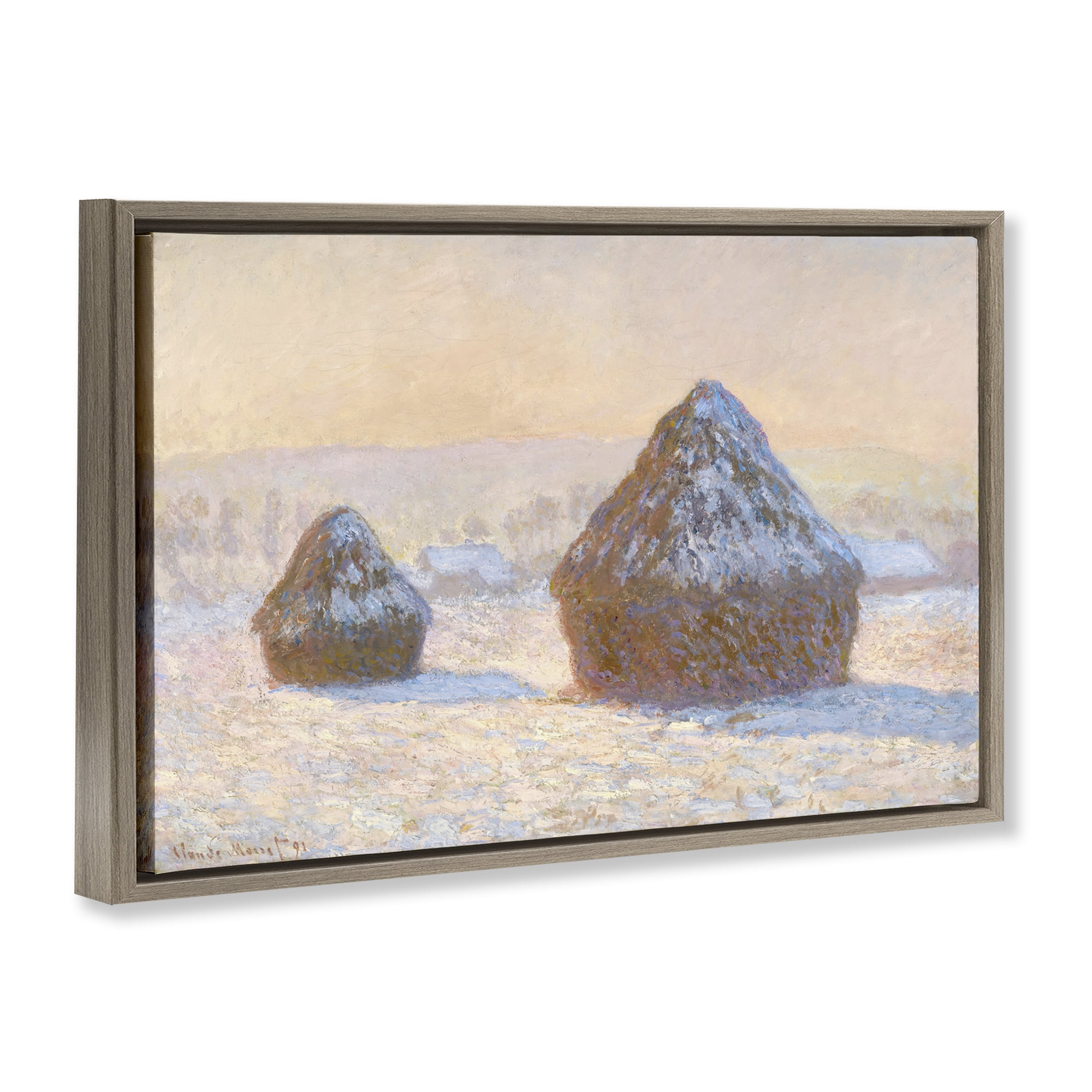Stupell Industries Classic Monet Wheatstacks Landscape & Nature Painting Brown Floater Framed Canvas Art Print Wall Art, 25 x 17