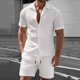 thumbnail image 4 of Ceisia Men's Slim Fit Jacquard 2-Piece Set Short Sleeve Button-Down Shirt with Elastic Waist Drawstring Shorts Gifts, 4 of 9