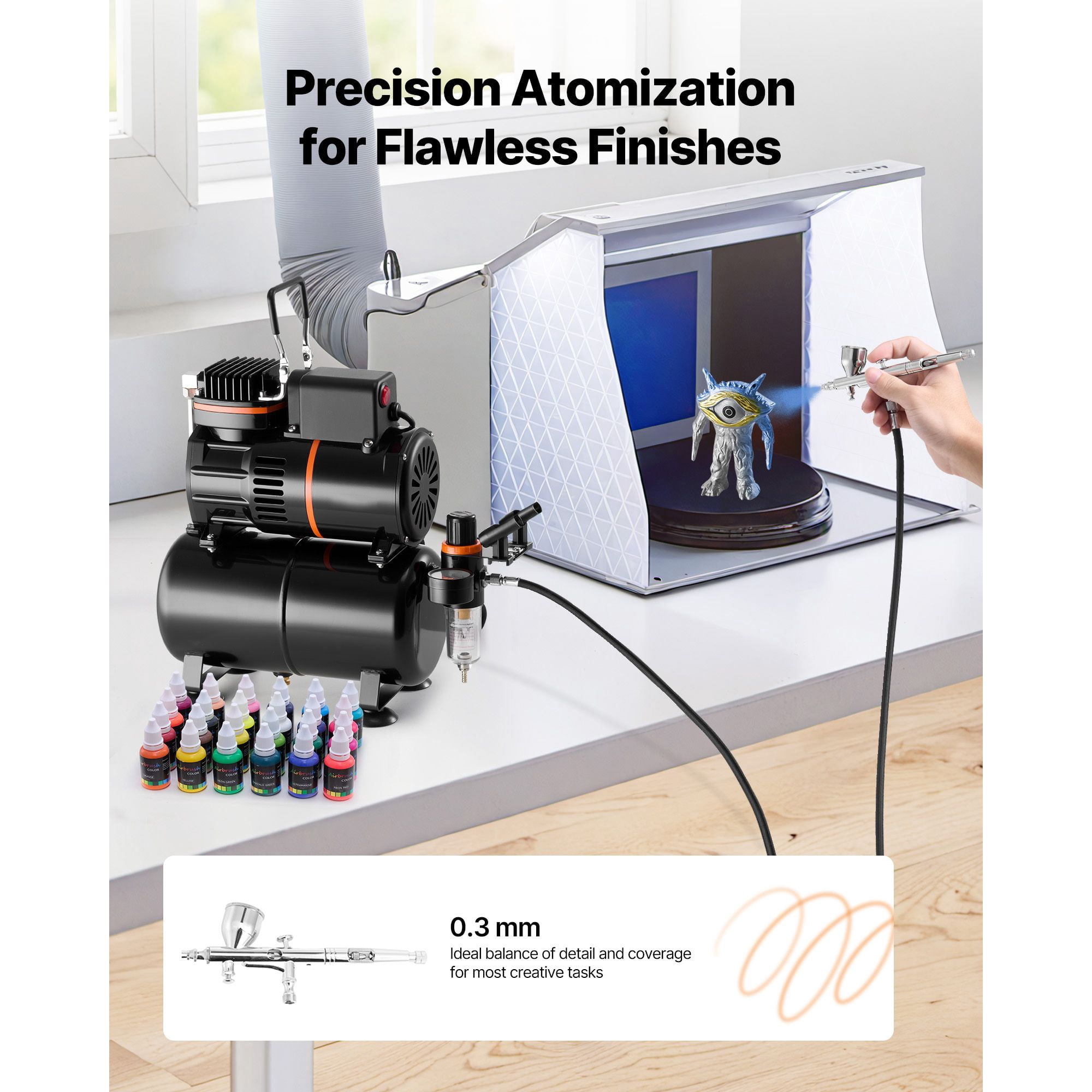 Professional Airbrush Kit with Compressor&Tank,Dual-Action Airbrush for Cake Decorating,Model Painting,Nail Art,Includes Hose,Acrylic Paint,2 Fans