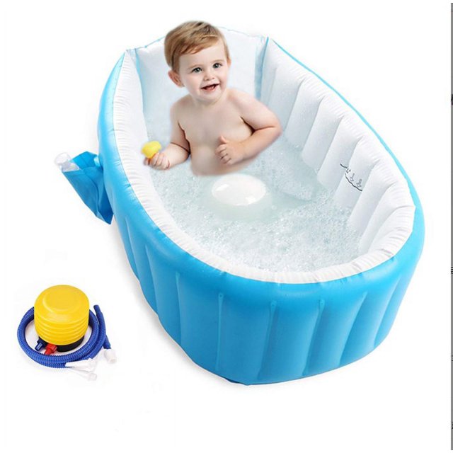 bañera inflable baby shower bañera para niños pequeños con inflador y tapa de boca para bebés, recién nacidos, niños pequeños, niños y niñas tunc sencillez azul: bañera inflable plegable vista 3/4 con bebé sentado, fondo texturizado antideslizante, respaldo con secciones de inflación separadas, paredes acolchadas y bolsillo lateral para champú; incluye bomba de aire; tamaño aprox. 98 x 64 x 28 cm, apta 0–36 meses; ideal para casa y viajes.