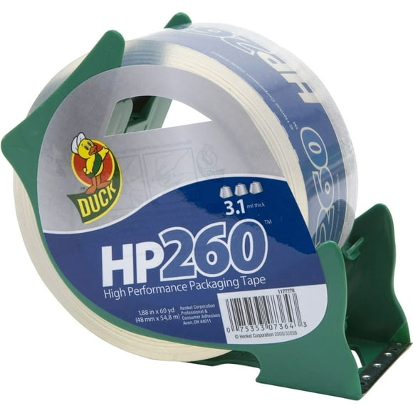 Duck HP260 Carton Sealing Tape with Refillable Dispenser, 1.88 inch Width x 60 Yards, 3-Inch Core, Clear, 1 Roll, 07364 (Packaging May Vary)