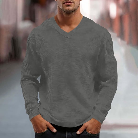 Ceisia Men's Fashion Long Sleeve V-Neck T-Shirt Solid Color Casual Relaxed Fit Stretch Waffle Knit Soft Comfort Breathable Home Gym Top Gifts for Father Gray L