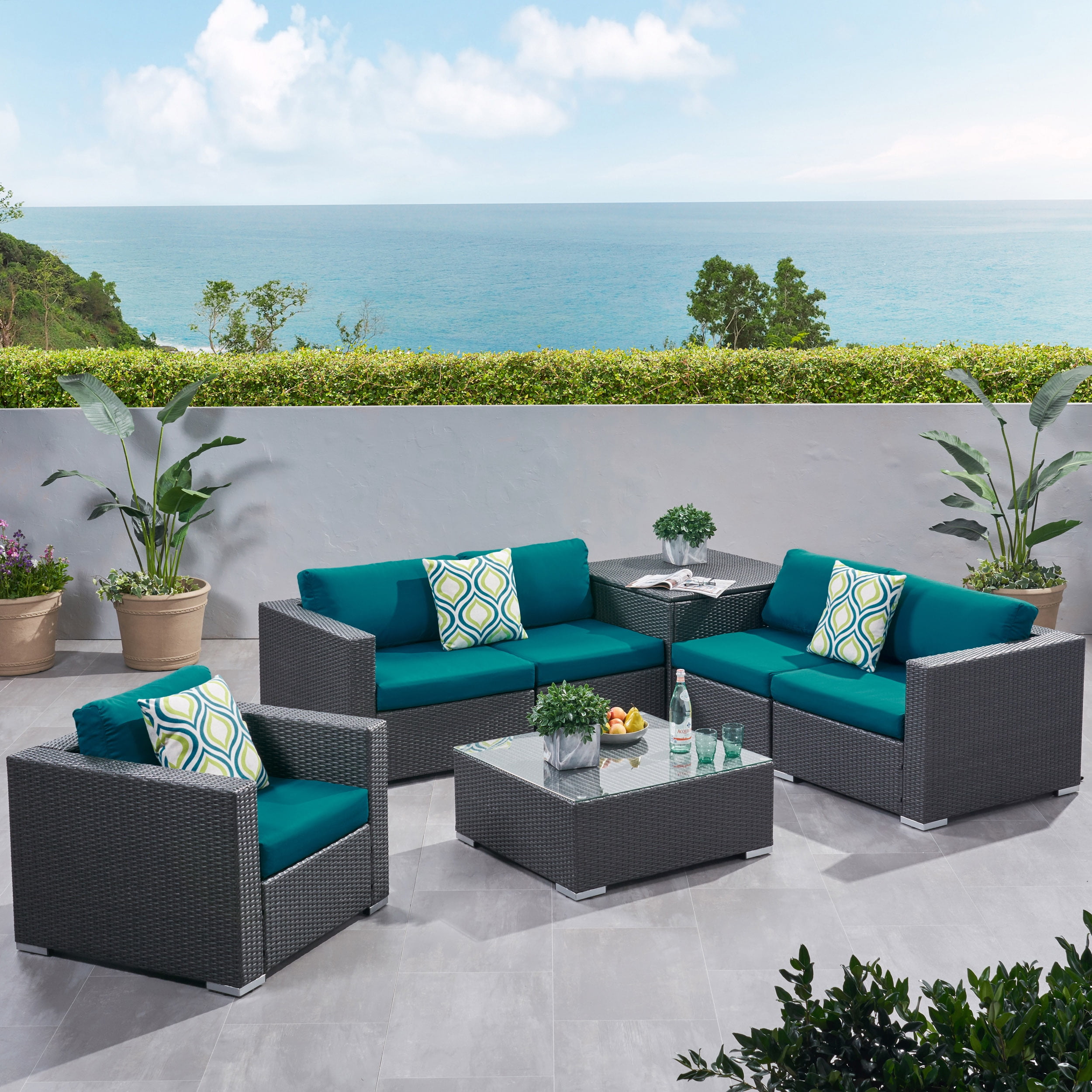 Faviola Outdoor 5 Seater Wicker Sectional Sofa Set with Storage Ottoman