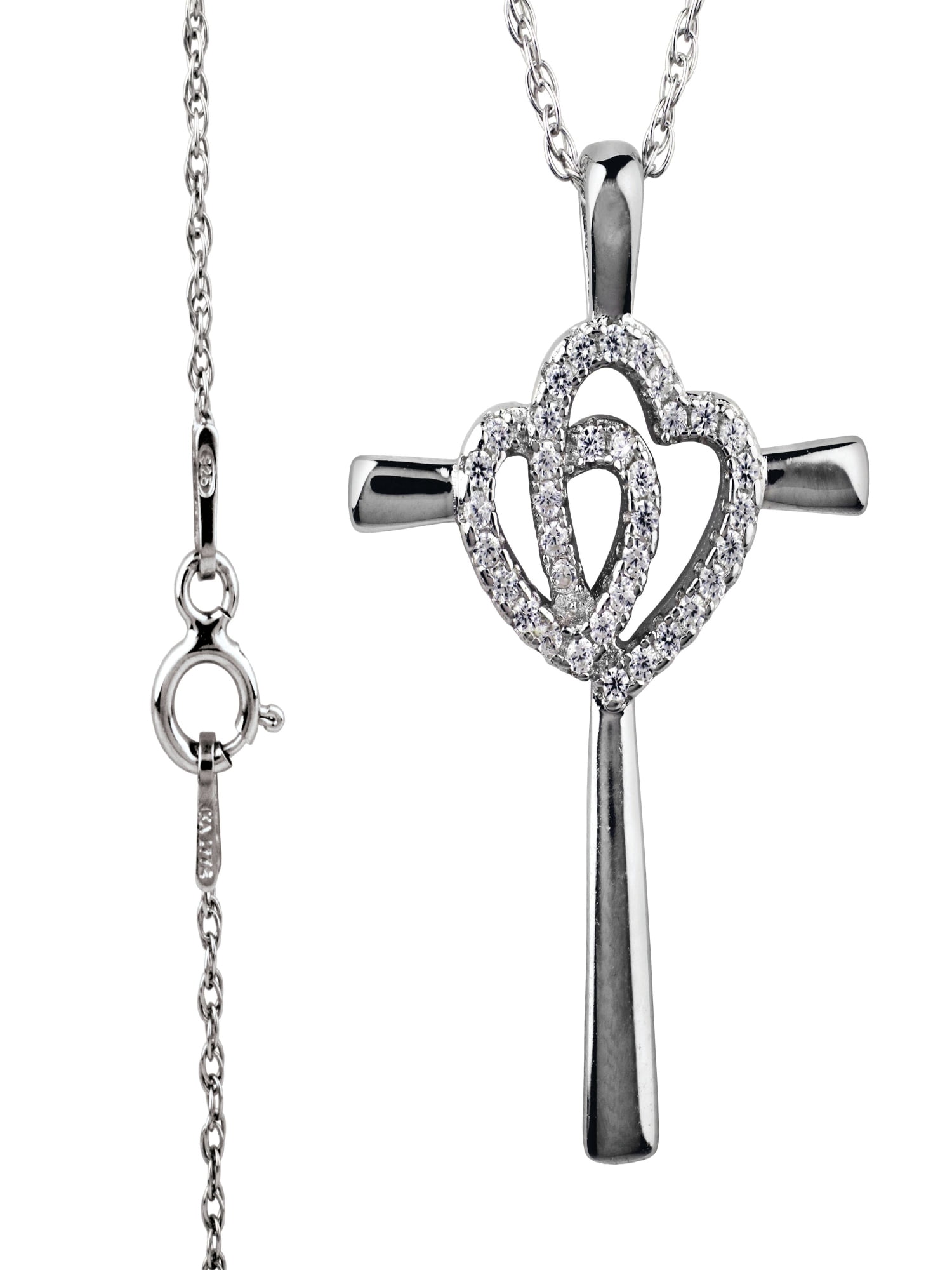 Brilliance Fine Jewelry Simulated Diamond Adult Ladies Cross Pendant with Heart in Sterling Silver