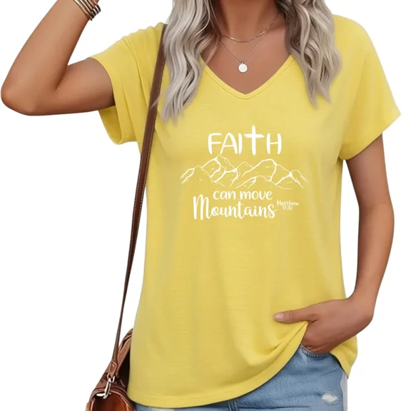 UNISHE Women Yellow Faith Move Mountains V Neck Short Sleeve T Shirt Religious Tee
