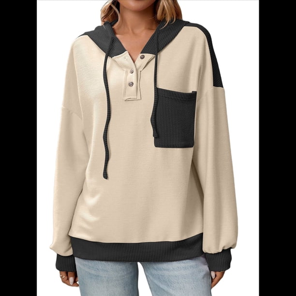 Sudadera con Capucha para Mujer 2025, Cuello Abotonado, Cordón Ajustable, Sudadera Informal de Larga, Camisetas. Albaricoque XL