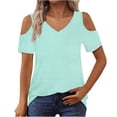 thumbnail image 2 of RYRJJ Womens Tops Trendy Cold Shoulder Short Sleeve V Neck Tee Shirts Summer Dressy Casual Eyelet Blouse(Sky Blue,S), 2 of 7