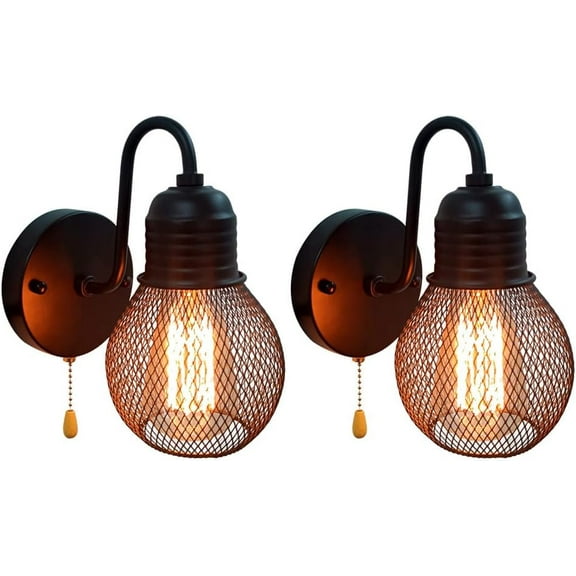 Vintage Wall Sconce Black Metal Wall Light with Pull Chain Switch 2 Pack Wall Lamps, Retro Wall Mount Lighting with Mesh Shade, Living Room Bedroom Hallway Wall Sconce