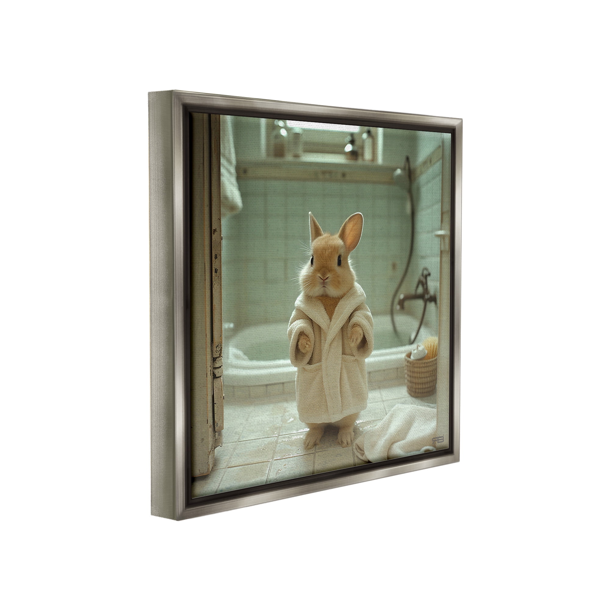 Stupell Industries Bunny in Bathrobe Animals & Insects Painting Gray Floater Framed Canvas Art Print Wall Art, 18 x 18