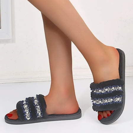 

Tangnade Slippers for Women on Sale Fashion Pearl Decoration Casual Flat-Bottomed Plush Cotton Slippers