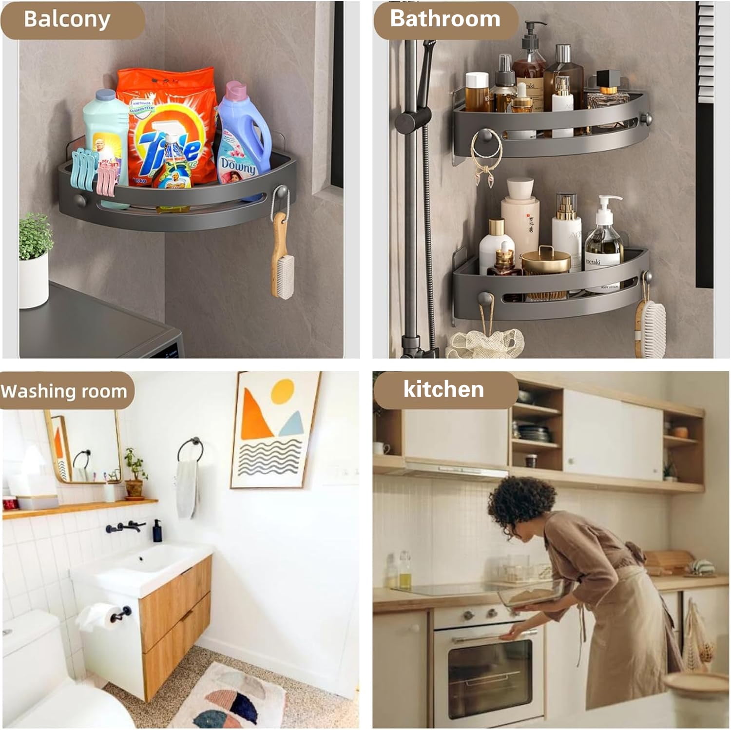 2-Tier Corner Shower Shelf, No Drilling Adhesive or Screw Mount, Heavy Duty Bathroom Corner Shelf Organizer with 24lbs Capacity, No Hooks, Space Saving Quick-Dry PP Shower Caddy for Bath Tub - Black