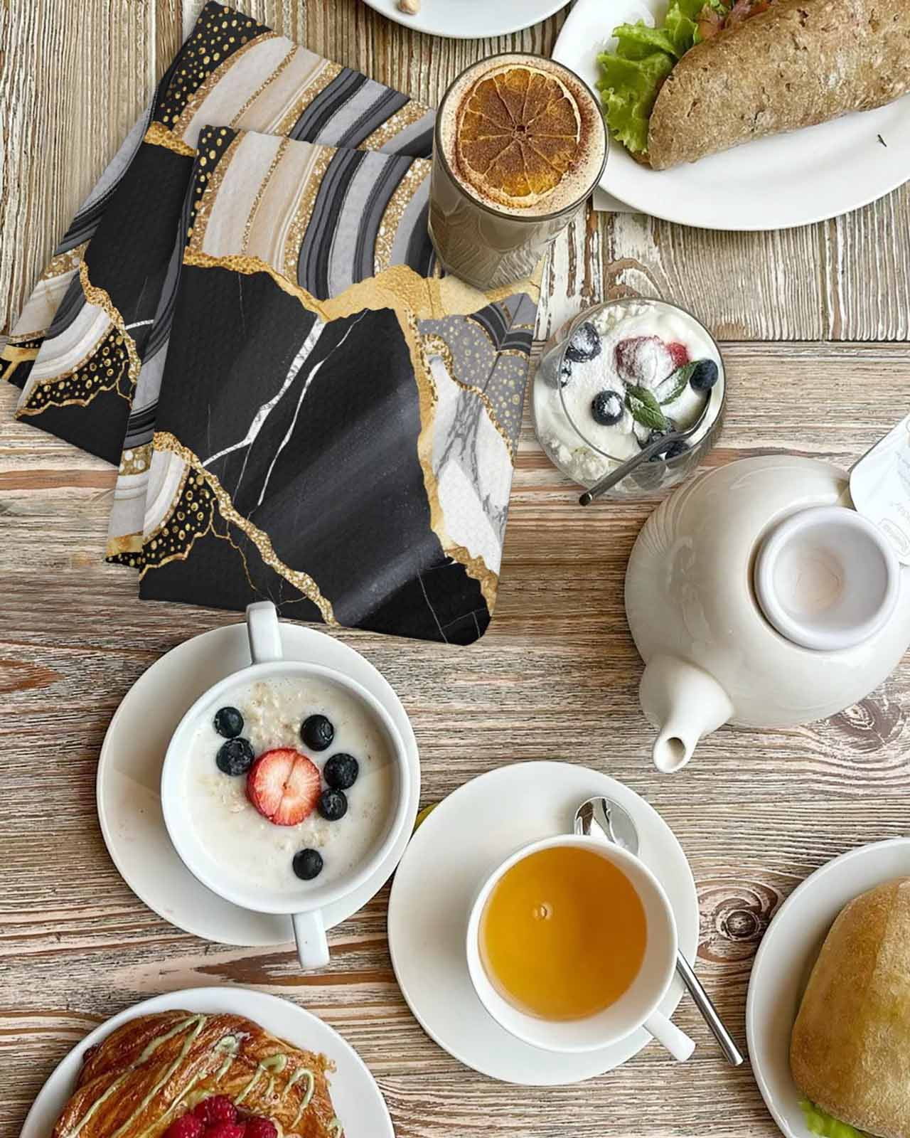 Black Marble Kitchen Dish Towels for Drying Dishes Set of 4, Grey Gold Texture Vintage Farmhouse Art Waffle Weave Microfiber Hand Tea Bathroom Towels Quick Dry & Absorbent Towel 15.7x23.6