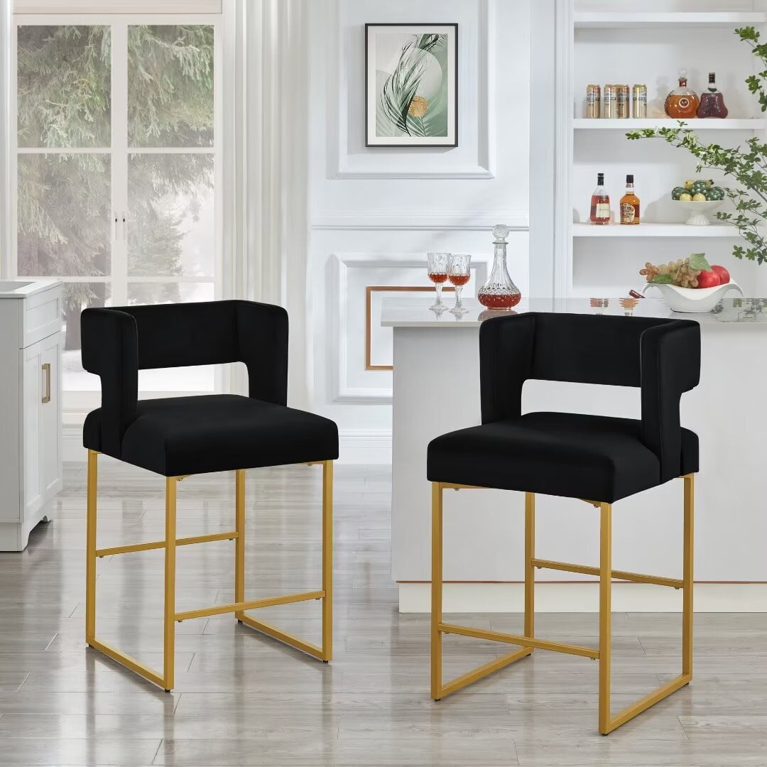 Lecut 26" H Counter Height Bar Stools Set of 2, Modern Velvet Bar Stools with Square Open Backrest and Gold Metal Frame, Kitchen Counter Stools for Island, Home Bar, Pub,Black+Gold