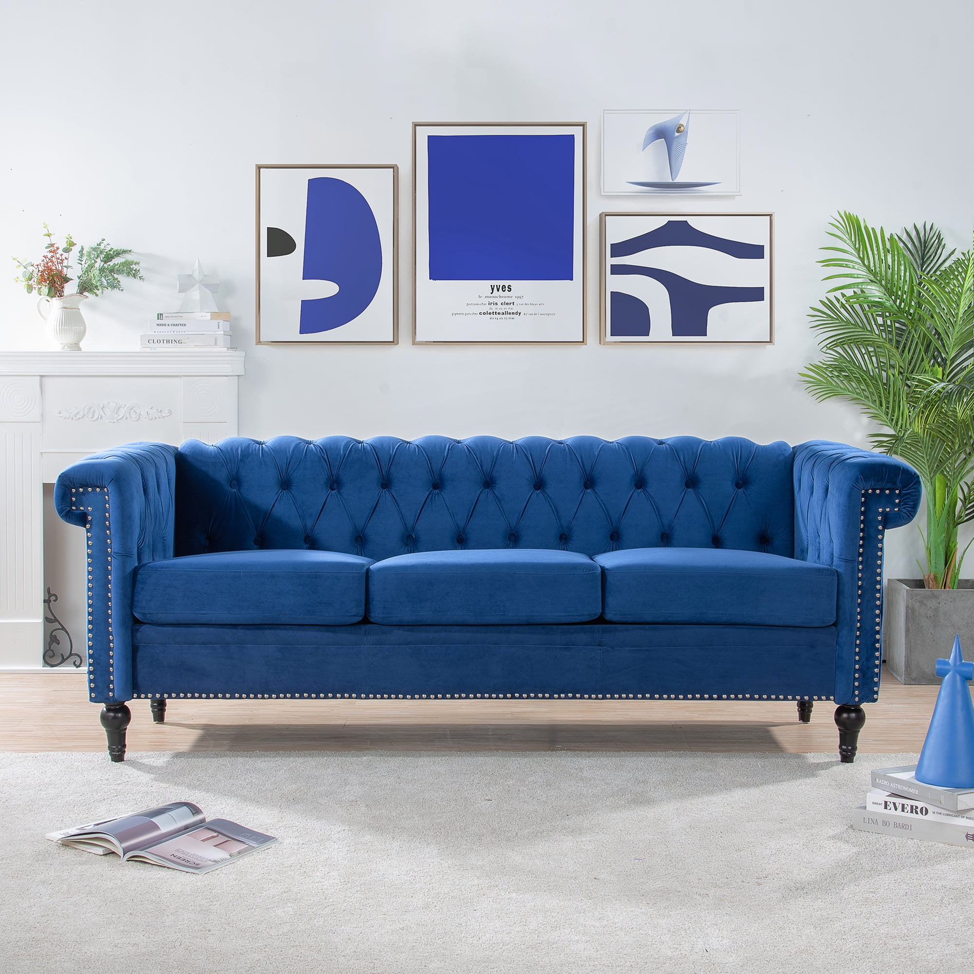 Resenkos 84" Width Traditional Sofa Couch with Tufted Back and Square Arm for Apartment Blue