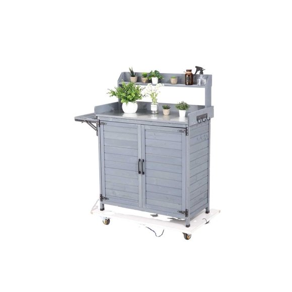 BeesClover Outdoor Potting Bench Table, Wooden Gardening Furniture with Metal Tabletop and Storage Cabinet, Horticulture Workstation with Adjustable Shelf for Garden, Patio, Backyard, Greenhouse
