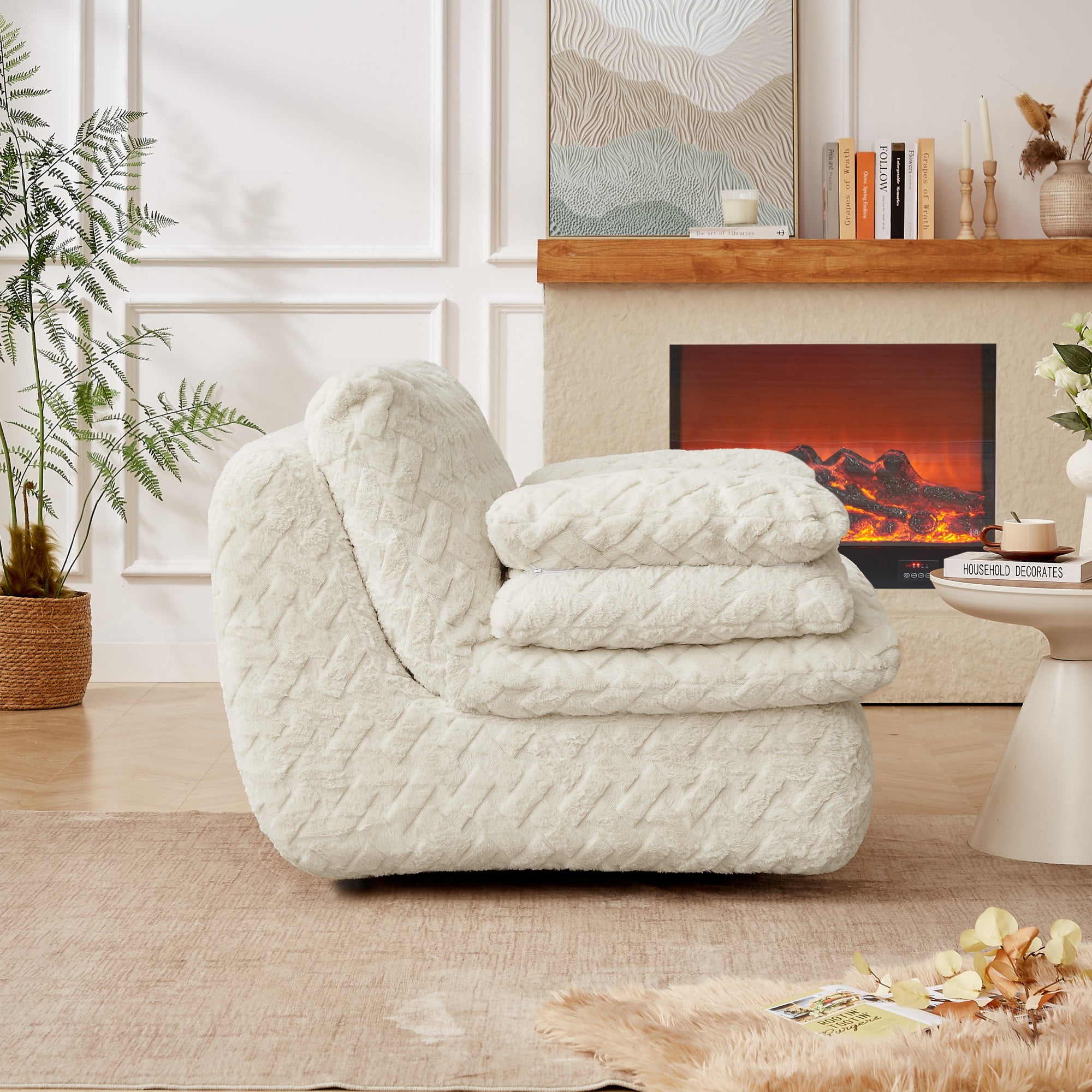 Aukfa Full Compression Swivel Sofa Chair – Corduroy Modular Sectional Sofa with Cloud Cushions, Deep Seat & Bolster Armrests for Living Room, White