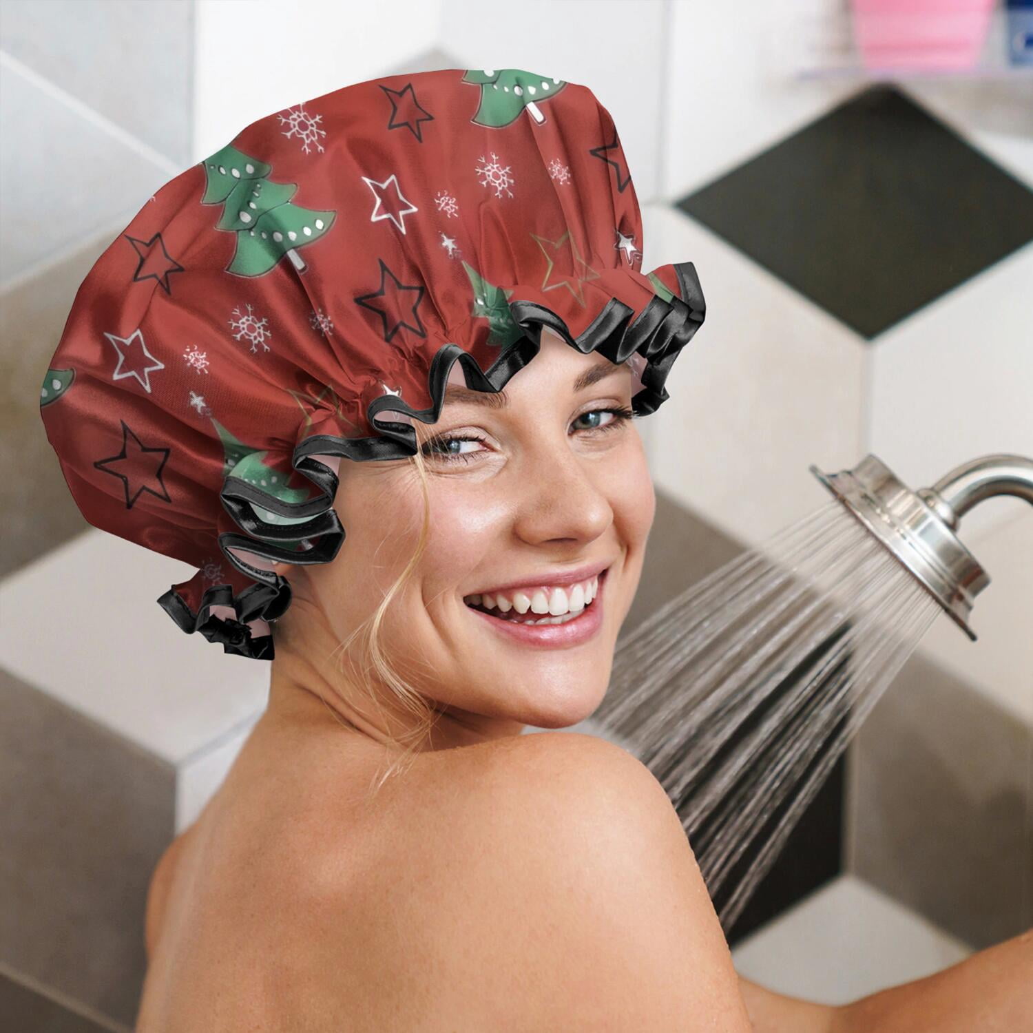 Shower Caps,Red Christmas Tree Pattern Waterproof Shower Cap for Women 4 Pieces,Double Reusable Hair Cover for Shower PEVA Elastic Stretch Hem