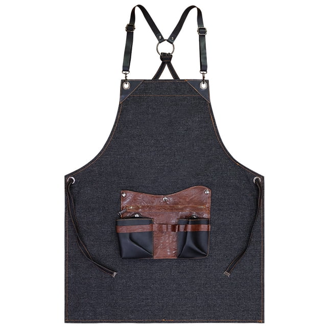 Delantal unisex de mezclilla con bolsillos de piel sintética para peluquería