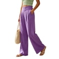 thumbnail image 6 of Palazzo Pants for Women Dqueduo Women's Casual Solid Color Pleated Elastic Waist Pocketed Linen-Look Straight Leg Pants, 8 Colors Purple S, 6 of 9