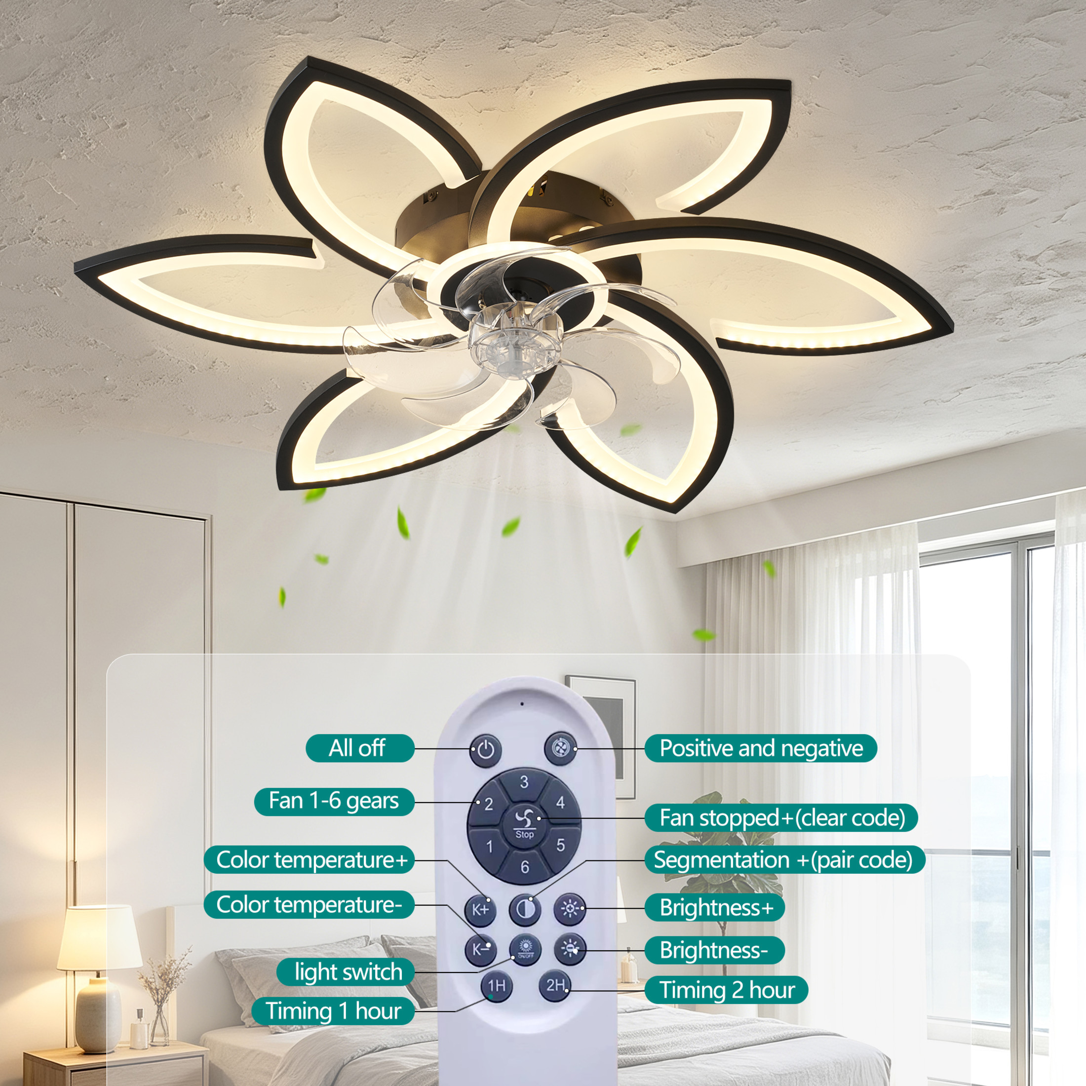 GDF Studio 6-Head Flower Ceiling Fan with LED Lights, Remote & App Control, Low Profile Fandelier for Home Decor, Black