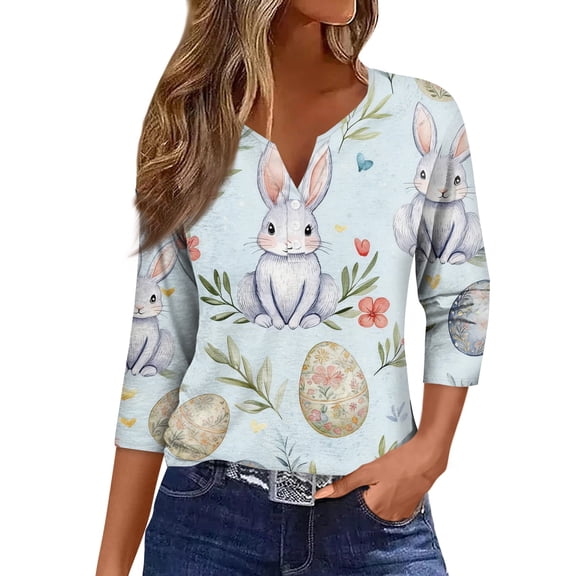 Women Easter shirt V-Neck 3/4 Length Sleeve Colored Eggs Print Tunic Tops Dressy Trendy Casual Shirts Floral Y2k T Shirt, #01 Light Blue, XL