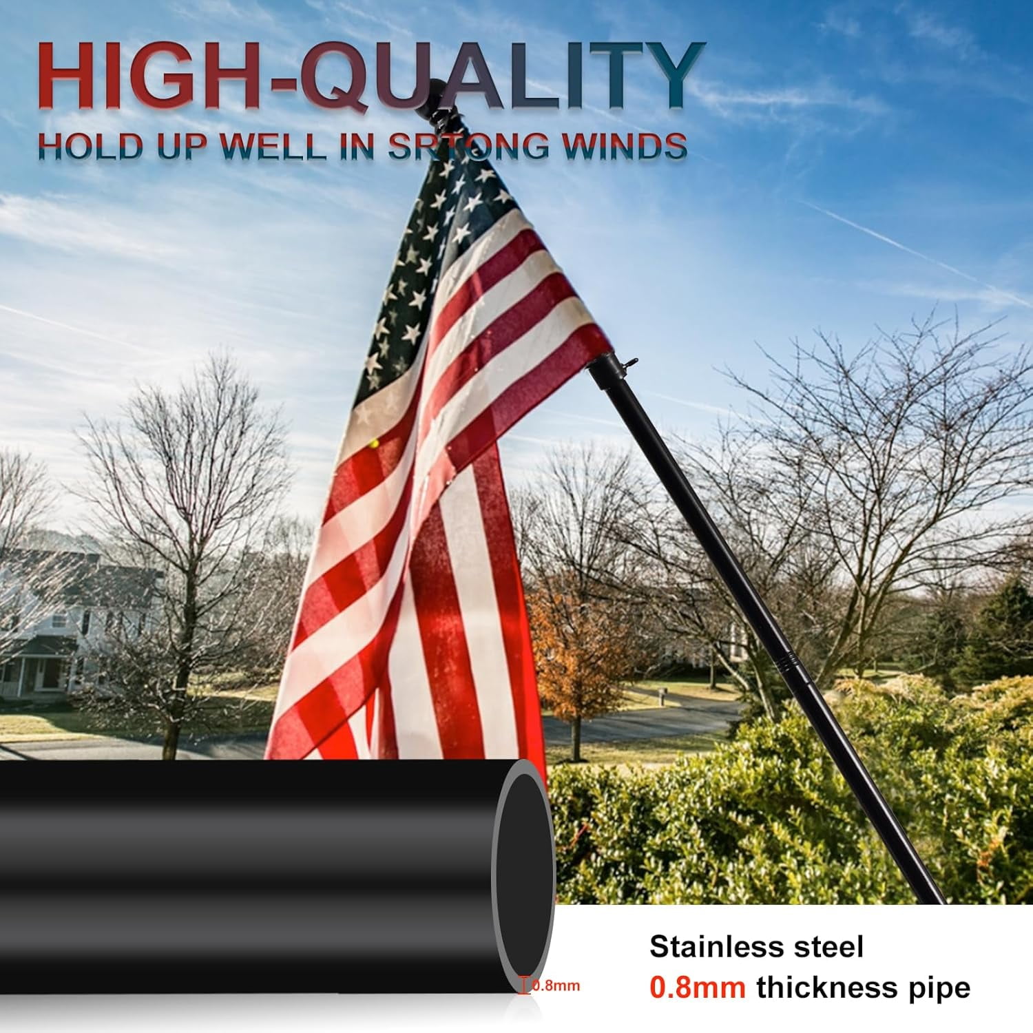 LCOKEIY Flag Pole with Bright 3x5 Embroidered US Flag with Brakets, Tangle Free Rustproof Flagpole Kit for House Yard, 5ft, Black