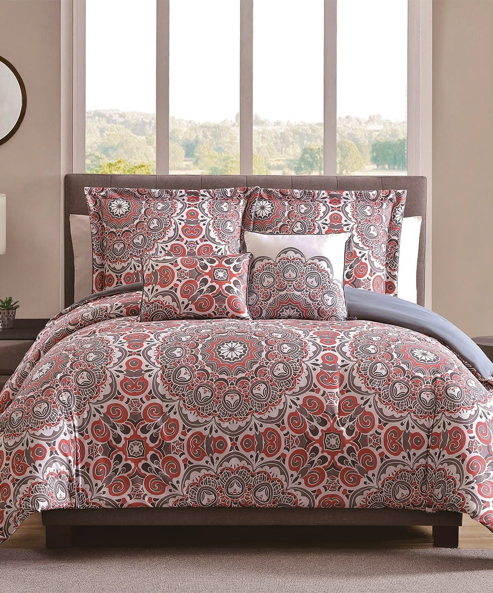 5pc Oversized Mandala Printed Comforter Sets Coral/Grey, Teal/Navy King