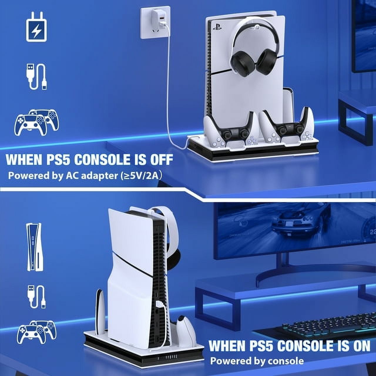 PS5 Stand Cooling Fan for PS5 Slim PS5 Pro with Dual PS5 Controller Charger,ESYWEN PS5 Accessories,PS5 Cooling Station for PlayStation 5 Disc & Digital Editions & PlayStation 5 Accessories-White